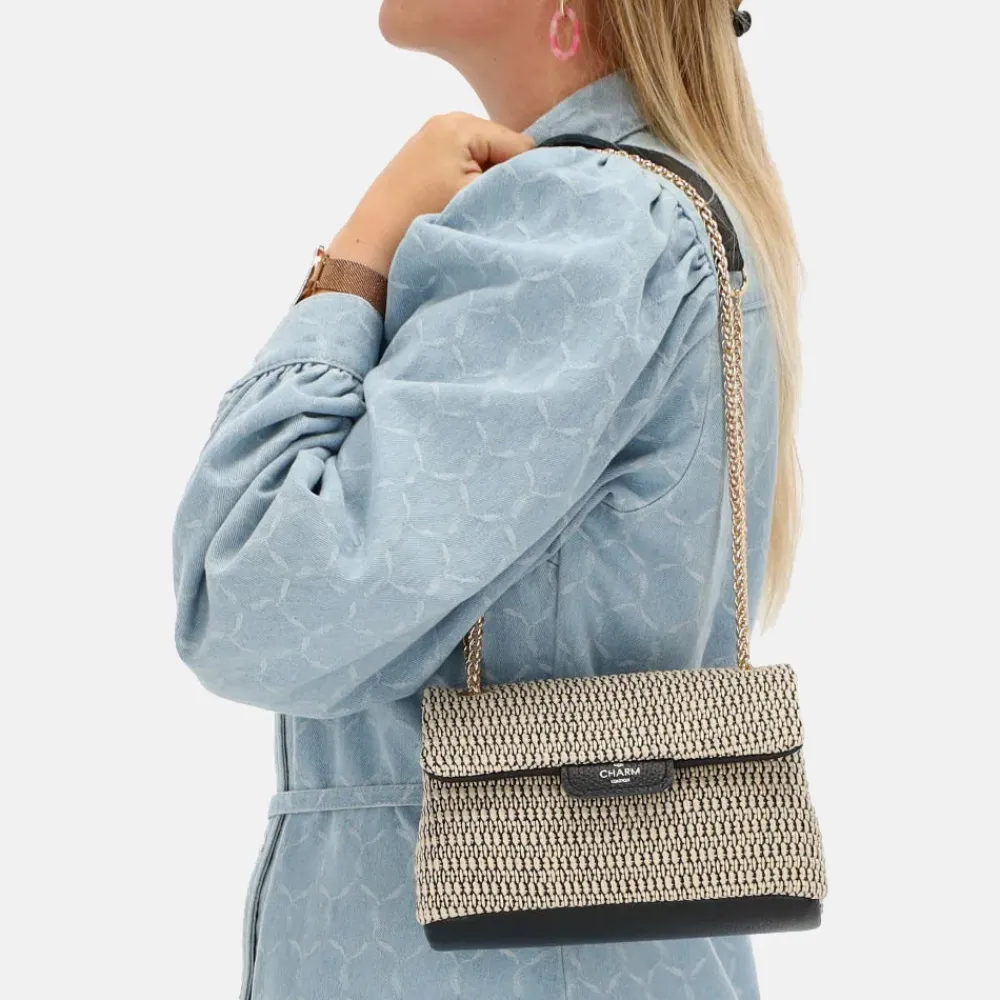 Schoudertassen^Charm London Raffia schoudertas zwart beige