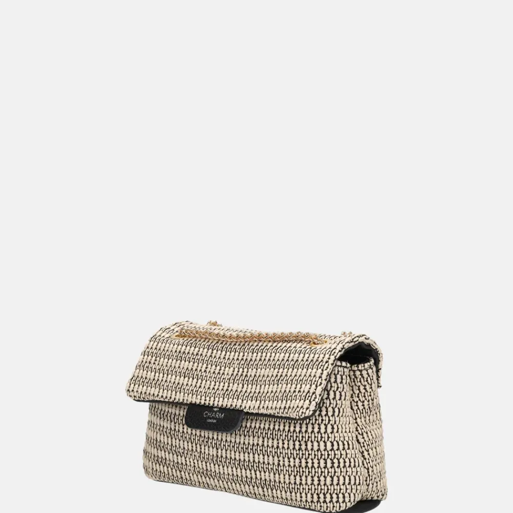Schoudertassen^Charm London Raffia schoudertas zwart beige